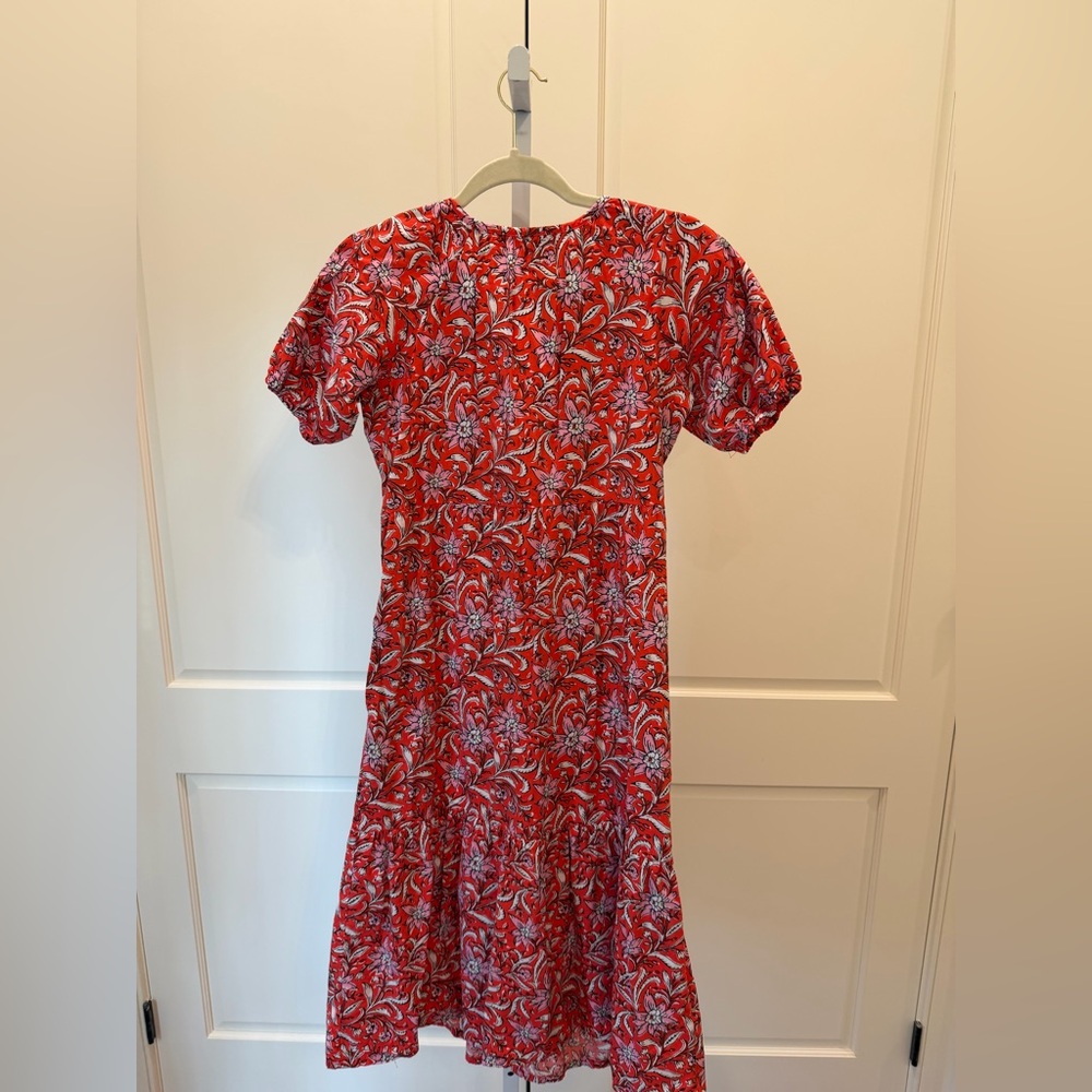 LOFT Red & Pink Floral Button Front Short Sleeve Ruffle Hem Midi Dress XS Petite - Picture 4 of 6